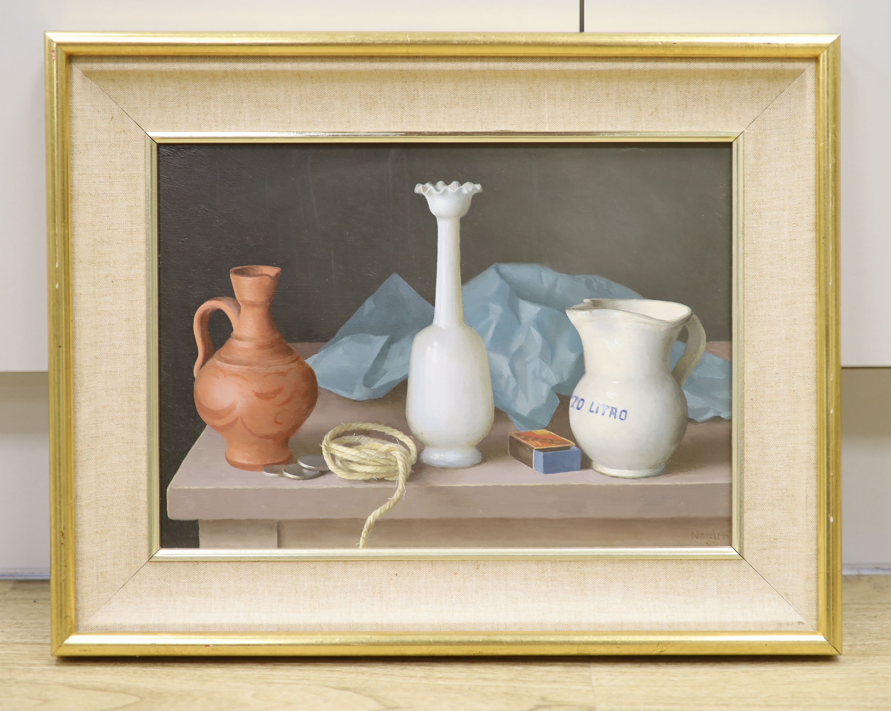 Gerald Norden (1912-2000), oil on board, Still life of two jugs, a vase, coins, string, paper and a match box, signed and dated '82, 24 x 34cm